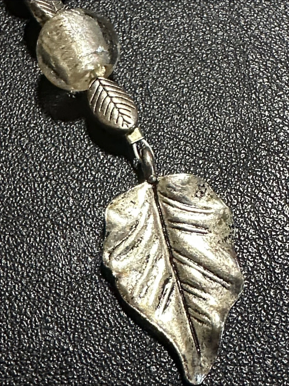 Silver Tone Leaves, Glass, Pearl & White Bead 10” Key Chain/Bag Charm